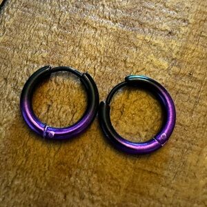 Stainless Steel Oxidized Circle Purple/Black Huggie Hinged Hoop Earrings M/W